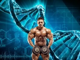 Генетика и бодибилдинг Бодибилдер на фоне днк генетики
