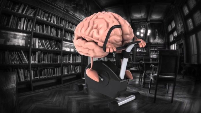 Человеческий мозг на велотренажере в библиотеке