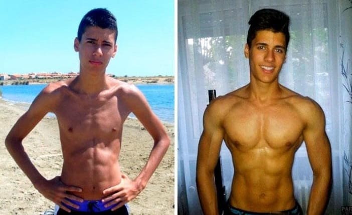Худой и мускулистый парень (до и после тренировок в тренажерном зале)